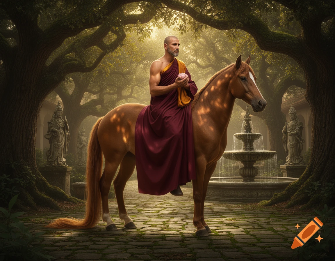 A bald monk in robes rides a brown horse through a lush, mystical garden with ancient statues and a fountain.