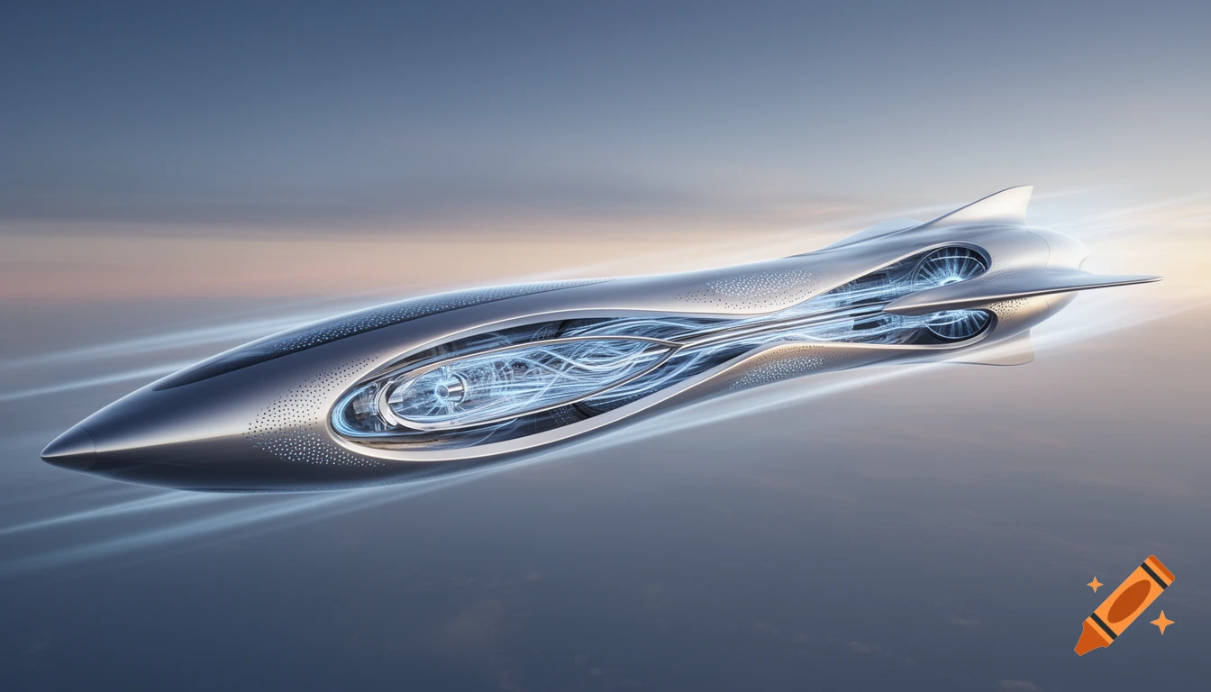 Sleek silver futuristic high-speed vehicle with glowing blue internal components flying against a pastel sky.