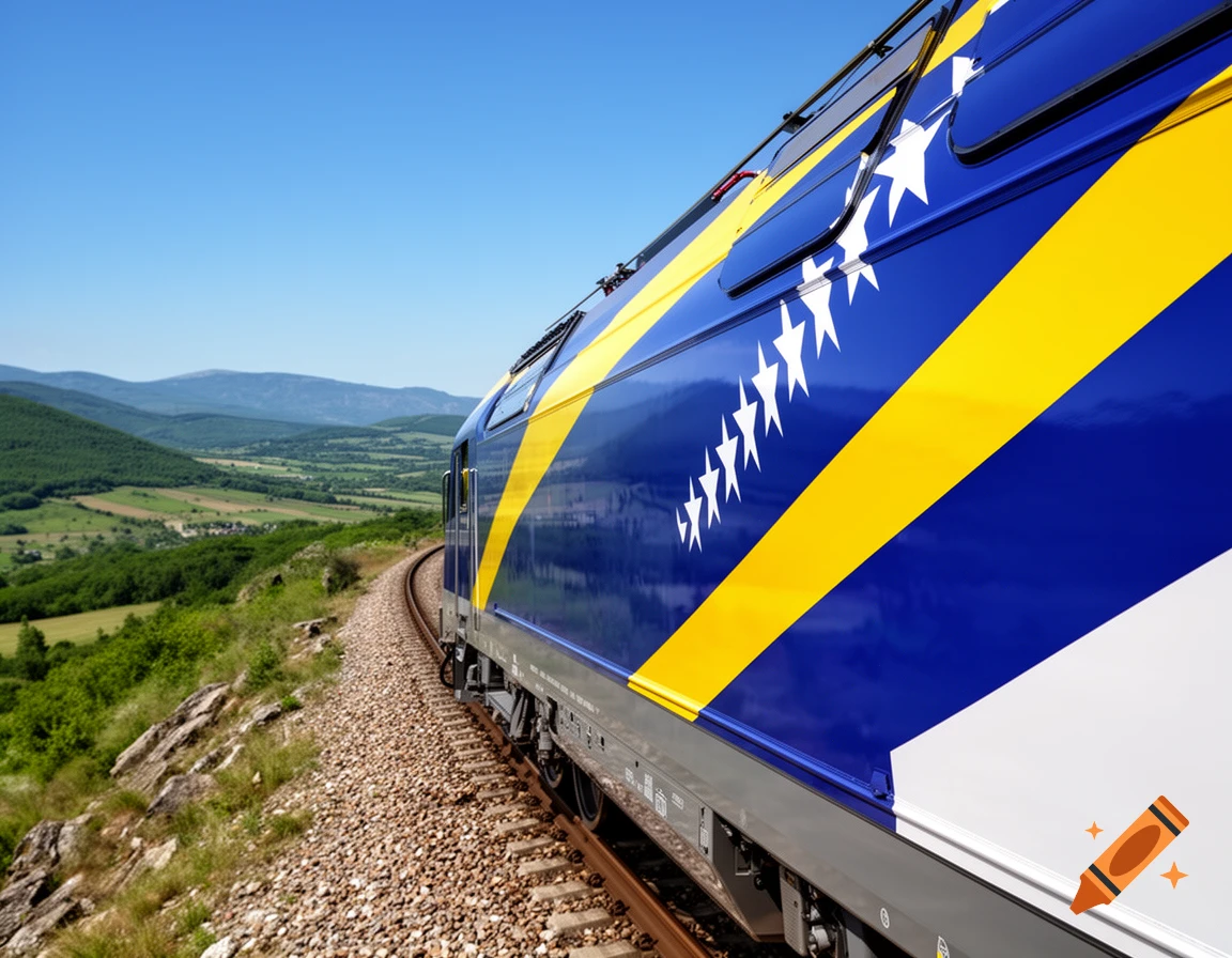 A train featuring the Bosnia and Herzegovina flag on its side, curving along tracks through a green mountainous landscape under a clear blue sky.