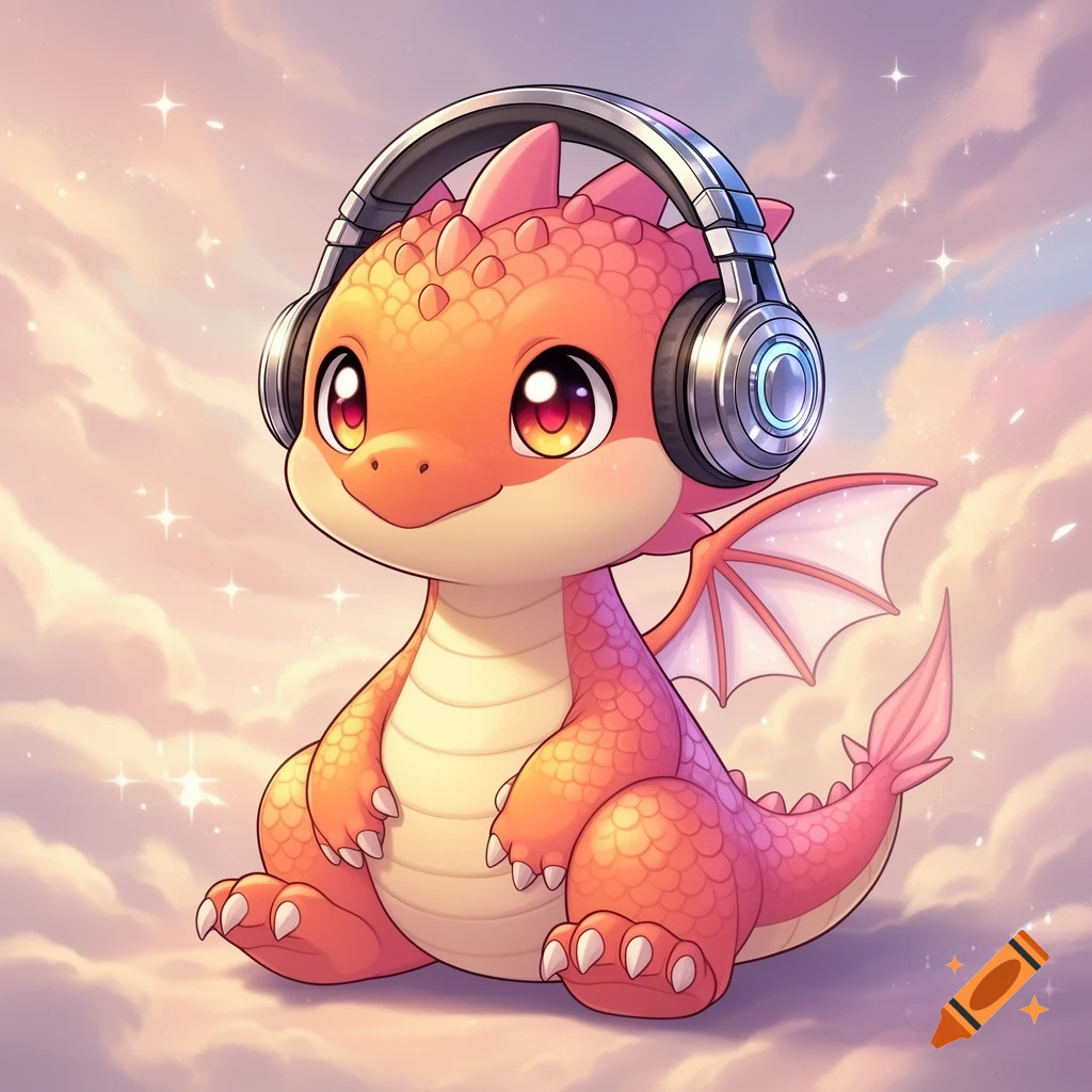 An adorable orange and pink anime baby dragon wearing headphones, sitting on pink clouds.