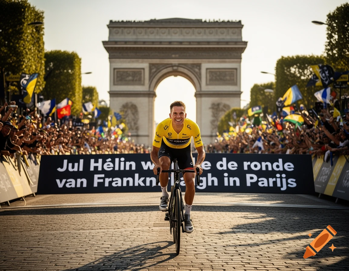 Male cyclist in a yellow jersey smiles while riding on cobblestones towards the Arc de Triomphe, past a cheering crowd and a banner.