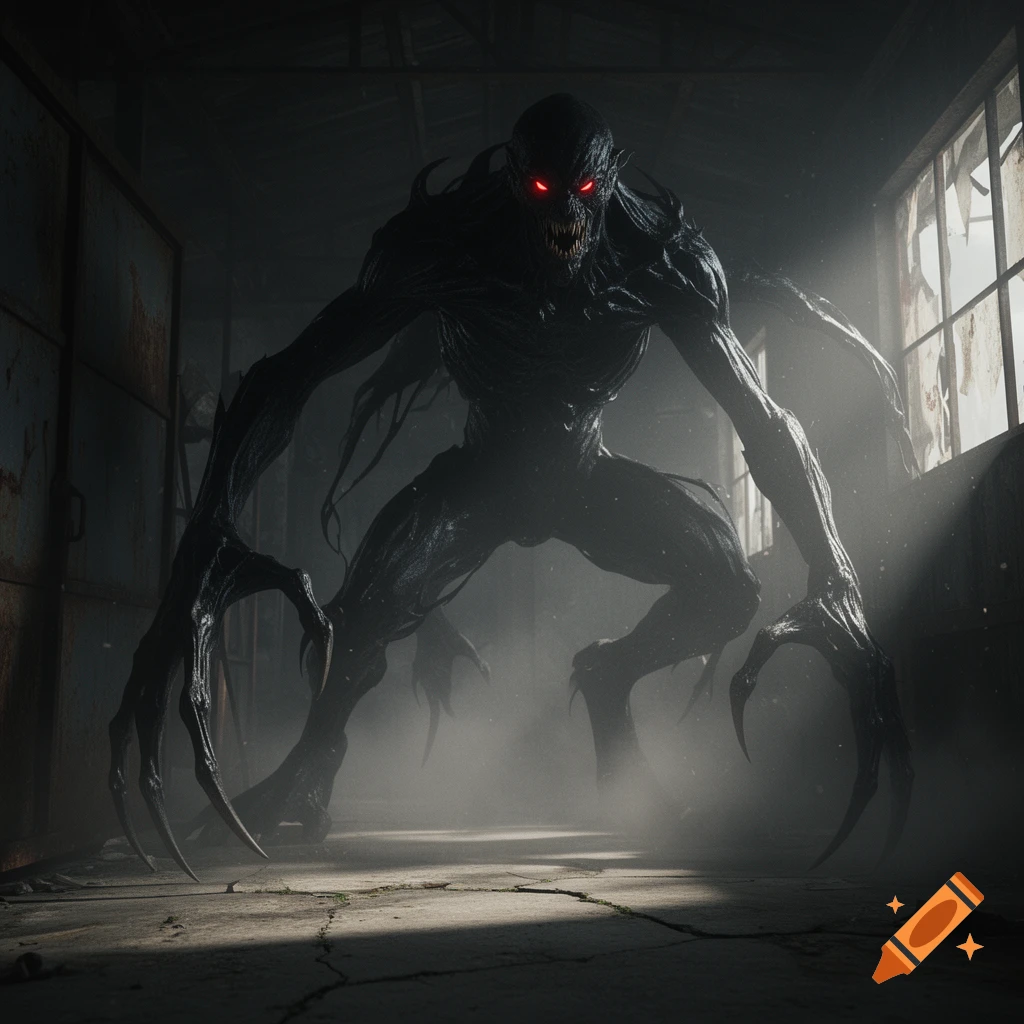Photorealistic black monster with glowing red eyes and long claws crouches in a dark, foggy abandoned warehouse.