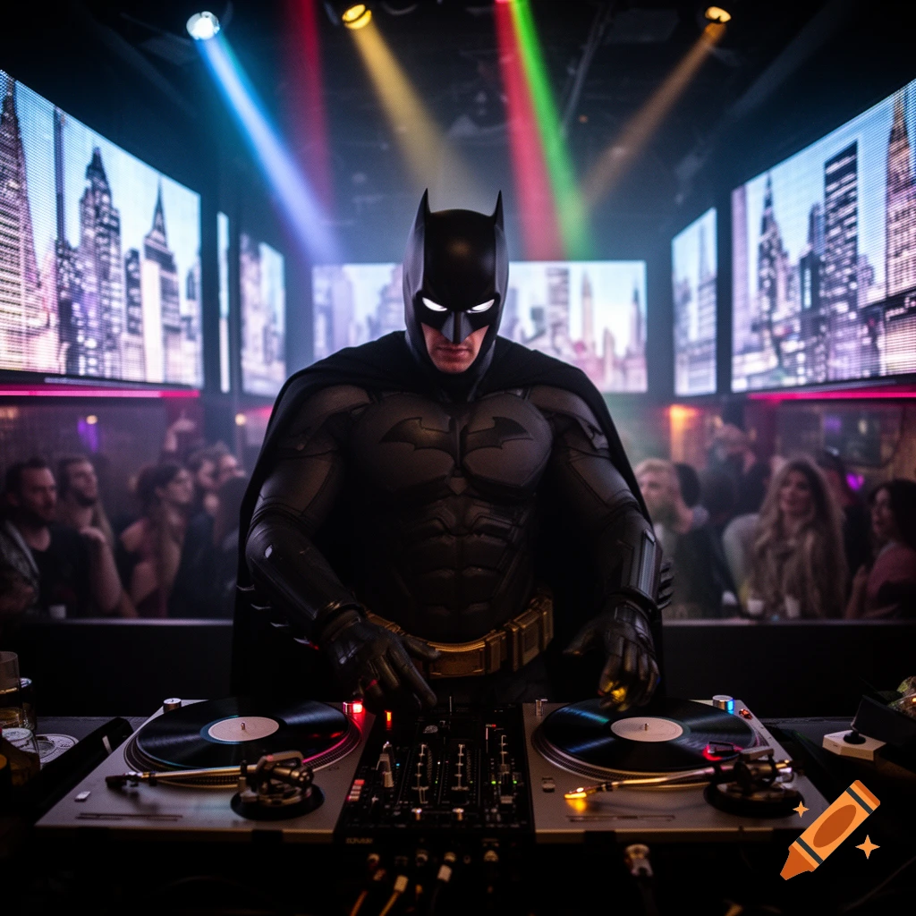 Batman in a club, wearing his suit, mixing records on turntables with cityscapes displayed on large screens.