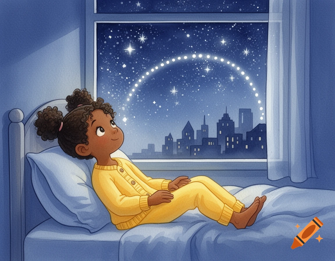 Watercolor illustration of a girl in yellow pajamas lying in bed, looking at a starry night sky with a distant city silhouette through her window.