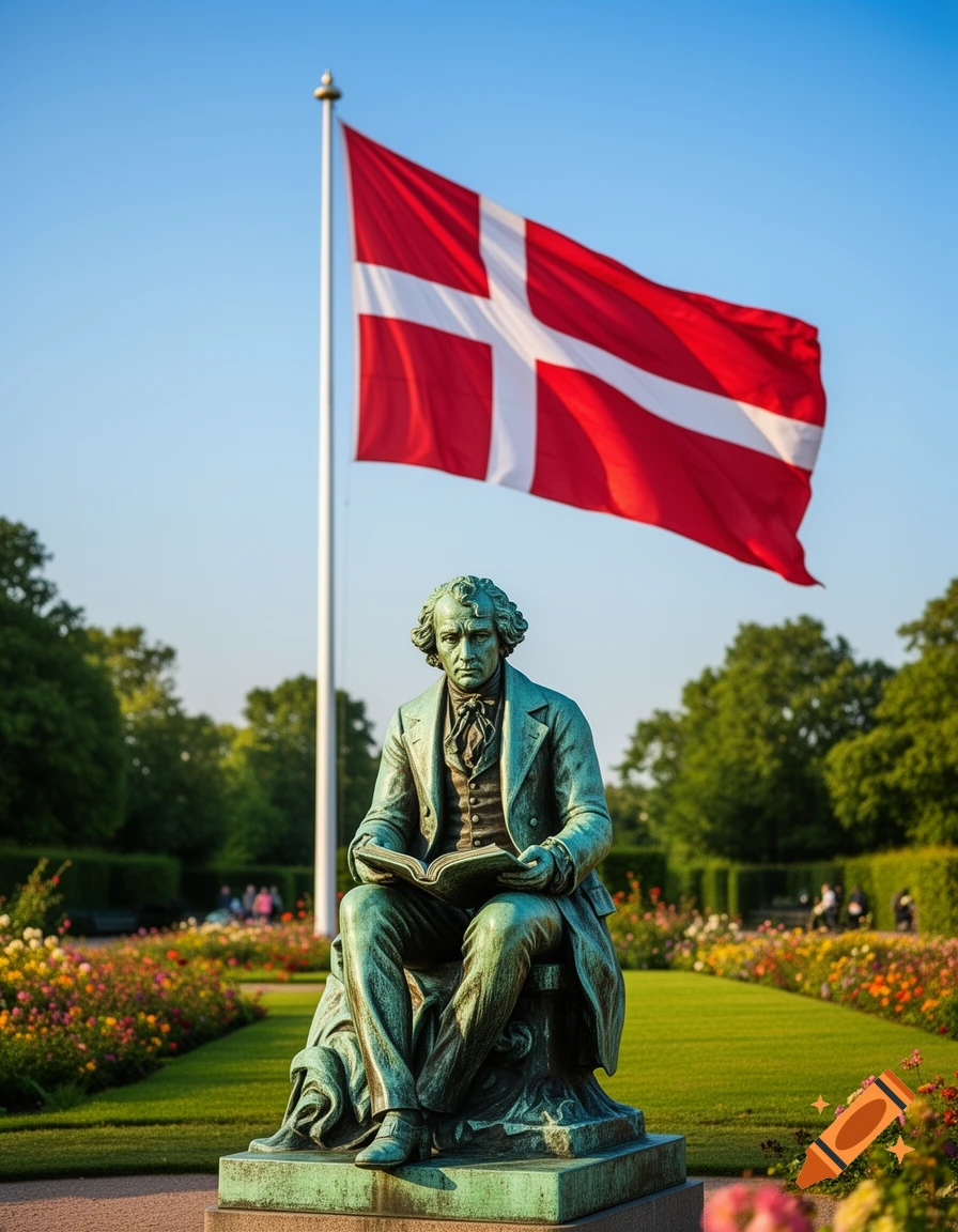 Photorealistic bronze statue of H.C. Andersen reading a book in a garden with a large Danish flag against a blue sky.