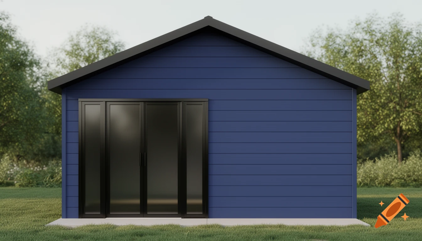 A photorealistic rendered image of a blue shed with horizontal siding, a black gable roof, and black double doors on the left, set in a grassy field.