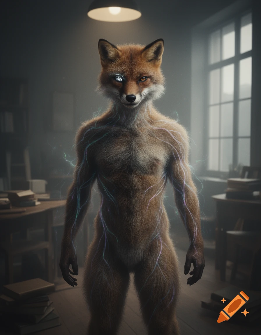An anthropomorphic fox-like creature with glowing lines on its furry body stands in a dimly lit room with books.