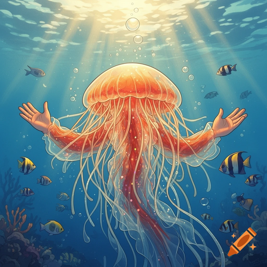 Vibrant illustration of an orange jellyfish with human arms spread wide, surrounded by fish and bubbles in a sunlit underwater scene.