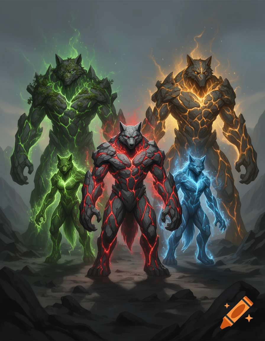 Five powerful wolf-headed rock golems with glowing cracks of green, red, blue, and orange stand on a rocky landscape.