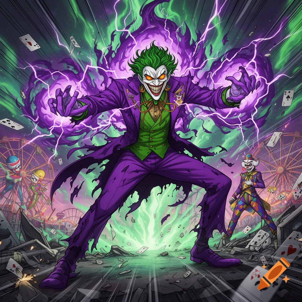 The Joker, in comic art style, unleashing purple energy and lightning amidst a destroyed amusement park with flying playing cards.