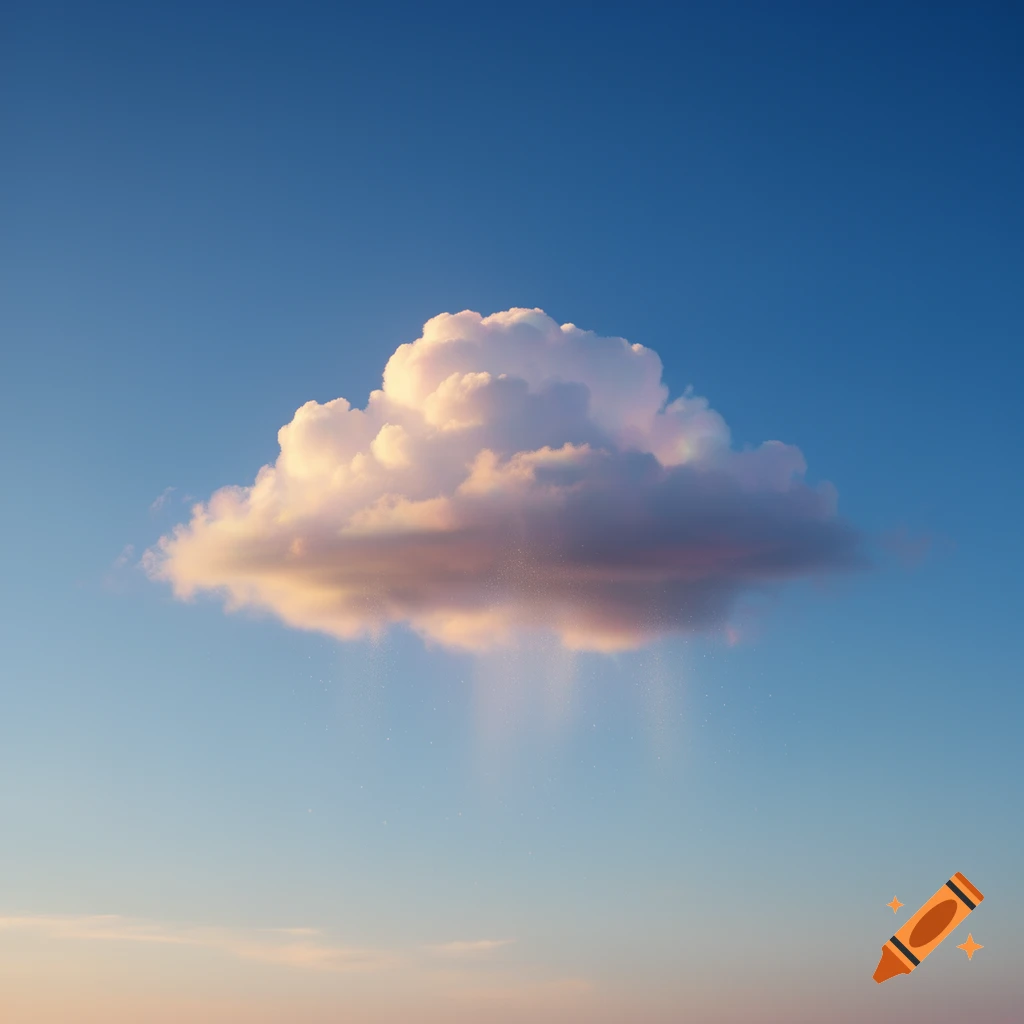 A fluffy, sunlit cloud floats in a clear blue sky, with subtle light streaks falling below it.