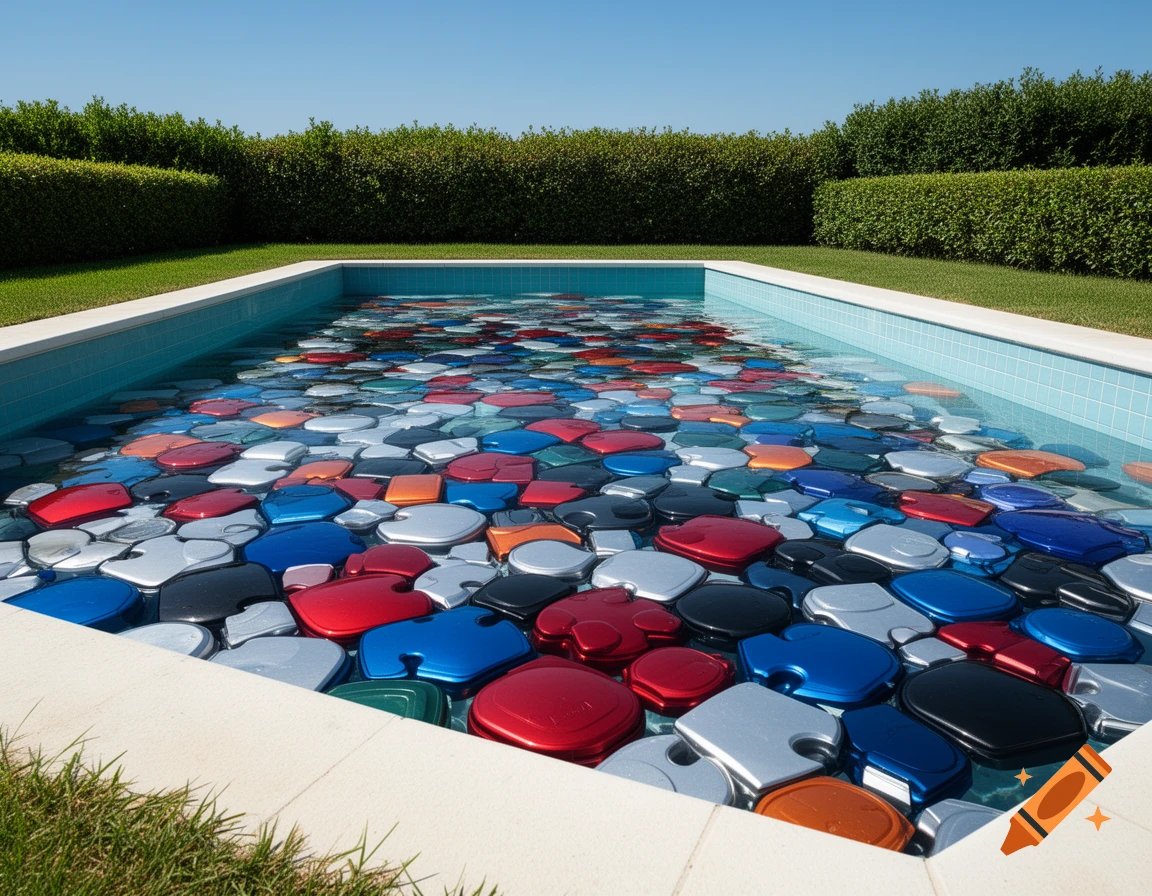 An outdoor swimming pool filled with a multitude of colorful car caps floating on the water, surrounded by green grass and hedges.