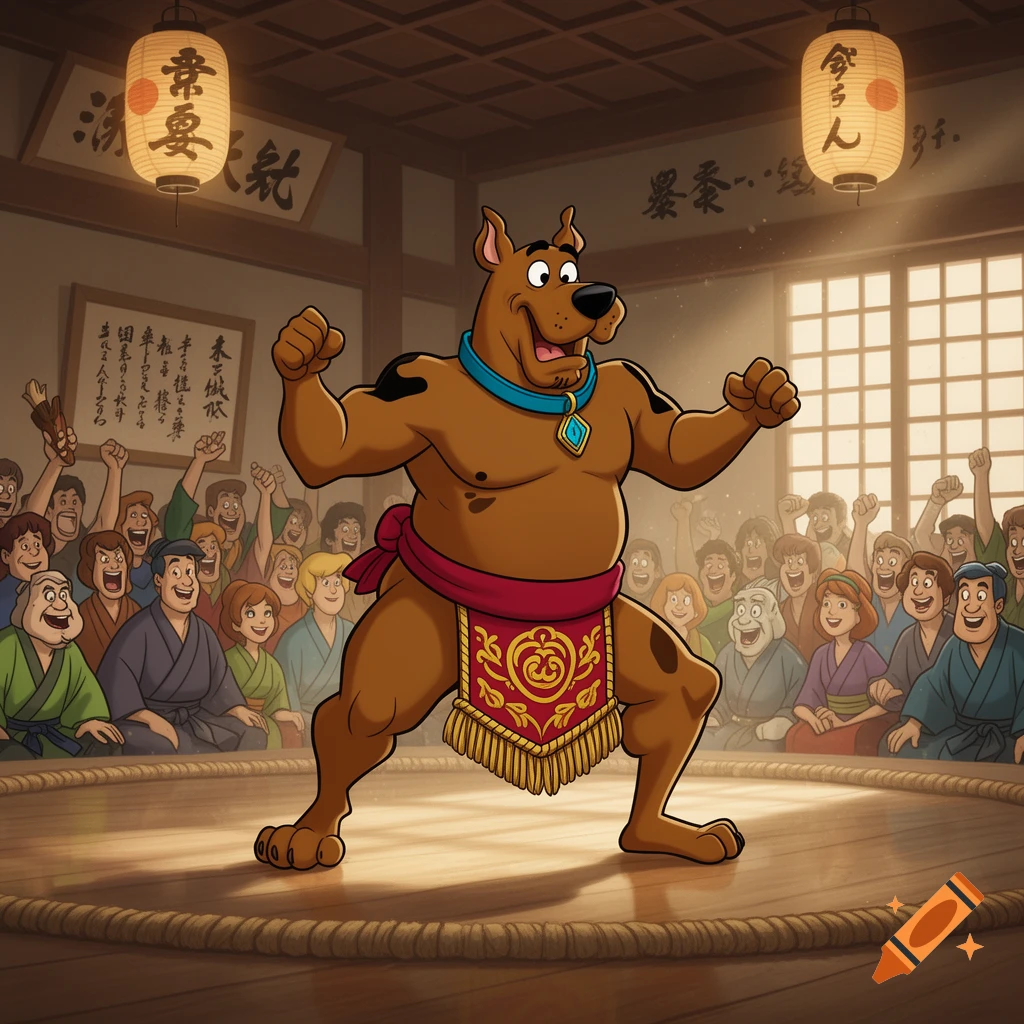 Scooby-Doo dressed as a sumo wrestler, flexing in a sumo ring with a cheering crowd in a dojo setting. Cartoon style.