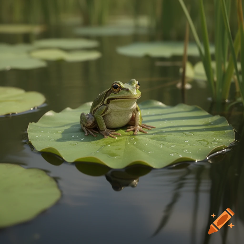 A green frog sits on a green lily pad in still water, with water droplets on the leaf and blurred reeds in the background.