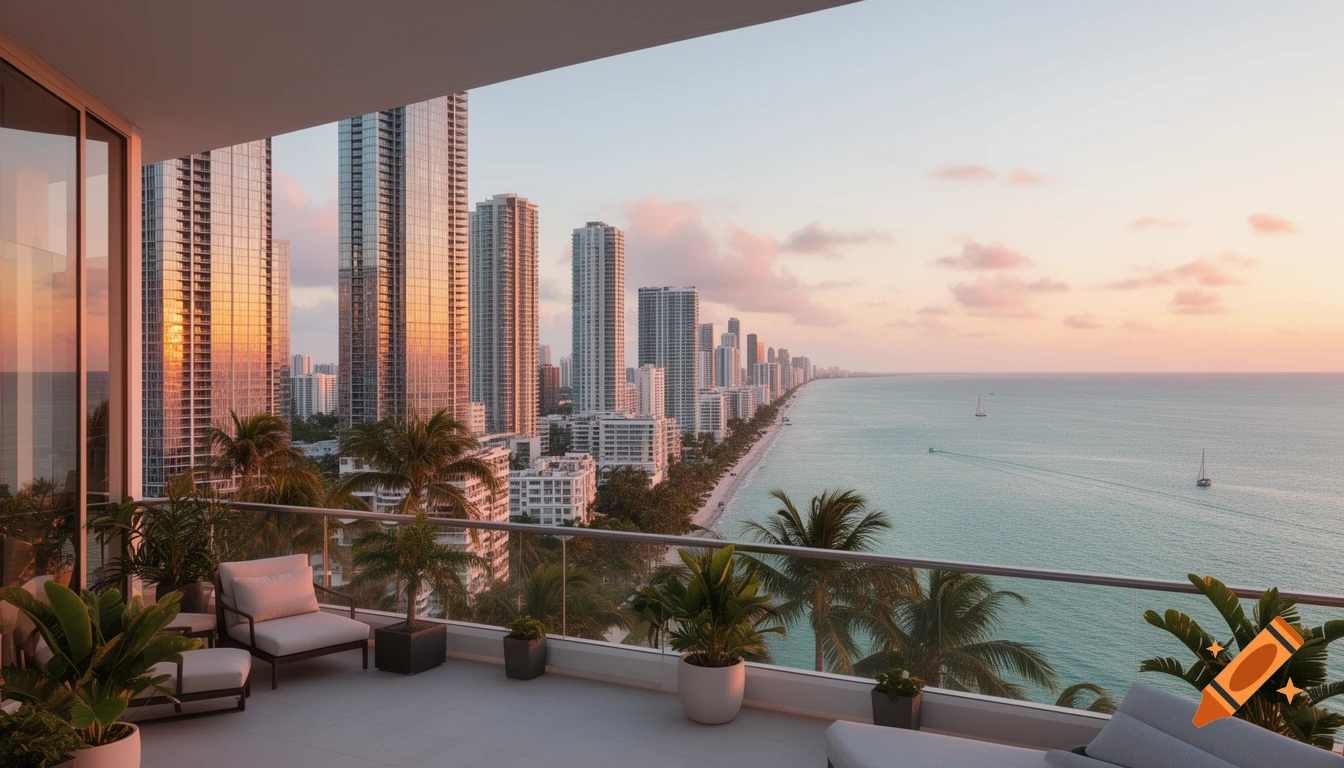 Photorealistic view from a modern penthouse balcony overlooking a coastal city skyline, beach, and ocean at sunset.