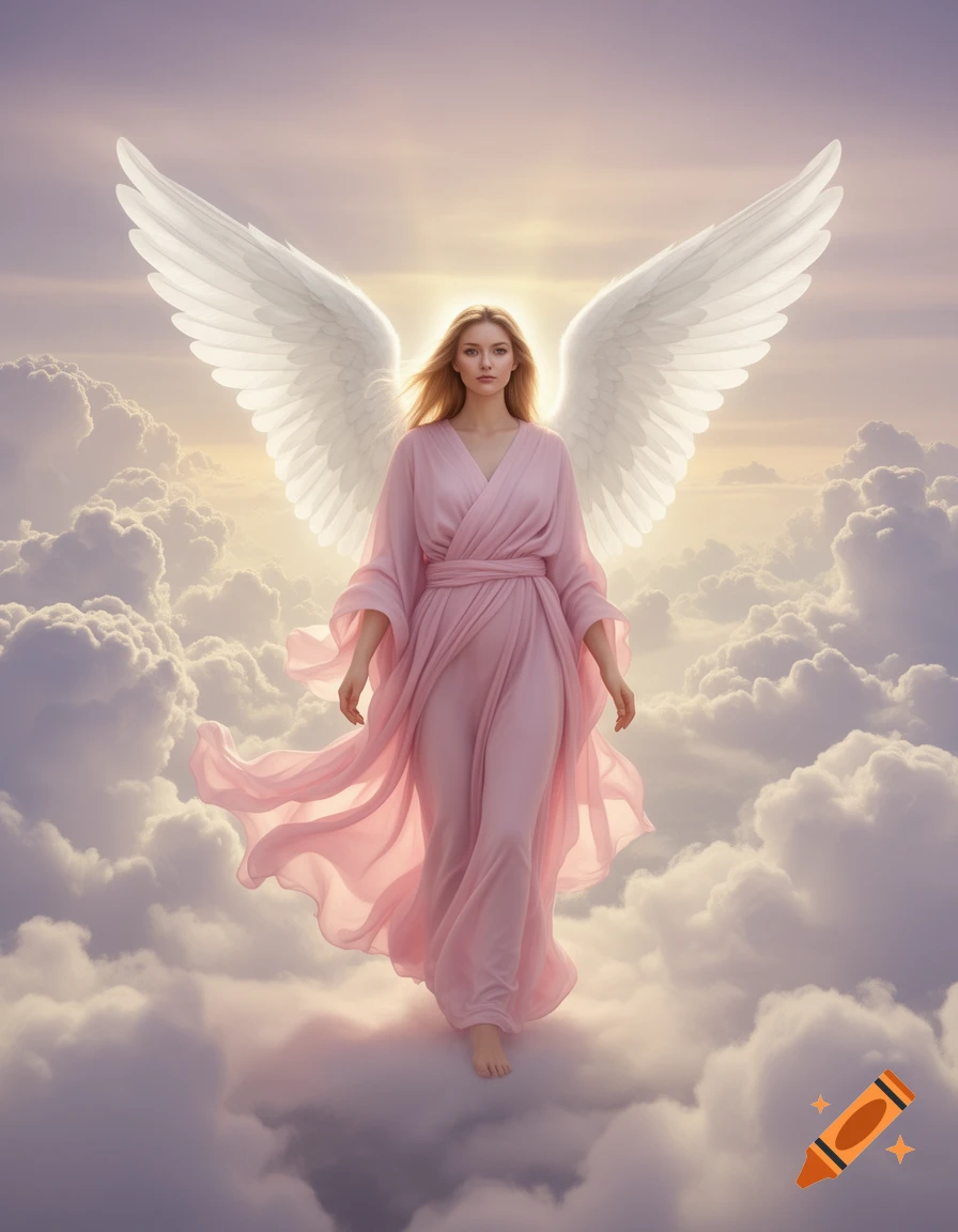 A serene blonde angel with large white wings and a flowing pink gown floats among soft clouds with a bright light behind her.