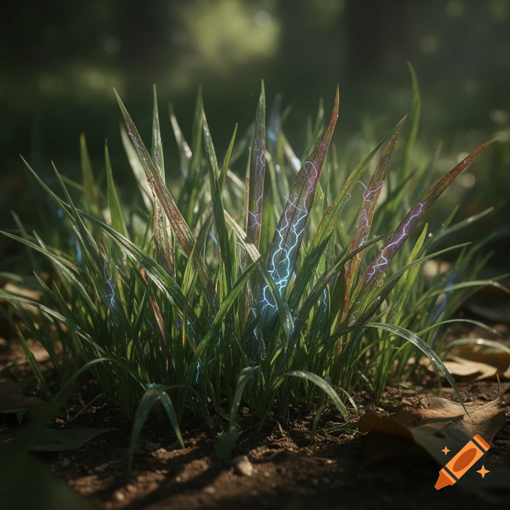 A close-up shot of a patch of grass, with several blades glowing with blue and purple crackles, against a soft-focus forest background.