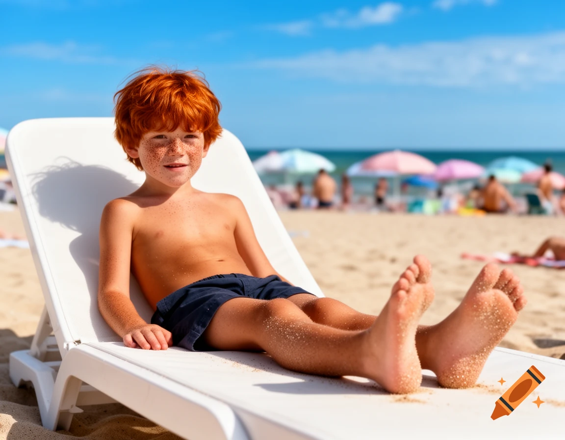 A smiling, freckled ginger boy with sandy feet relaxes on a white chaise lounge on a sunny beach.