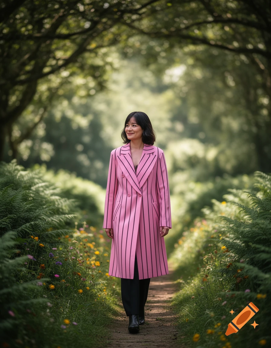 A woman in a pink striped coat walks on a path in a lush green forest, looking to the side.