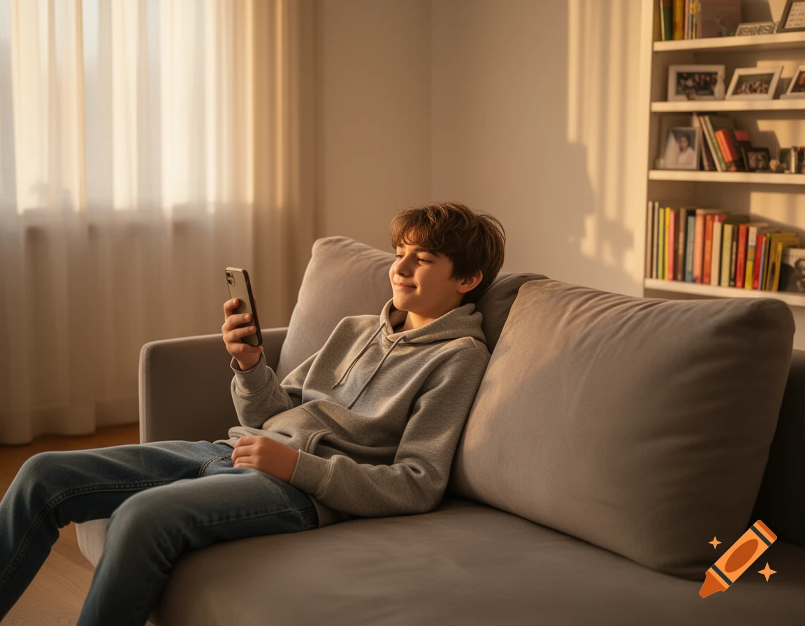 A teen boy in a grey hoodie and jeans relaxes on a couch, smiling as he looks at his smartphone. Warm sunlight streams into the room.