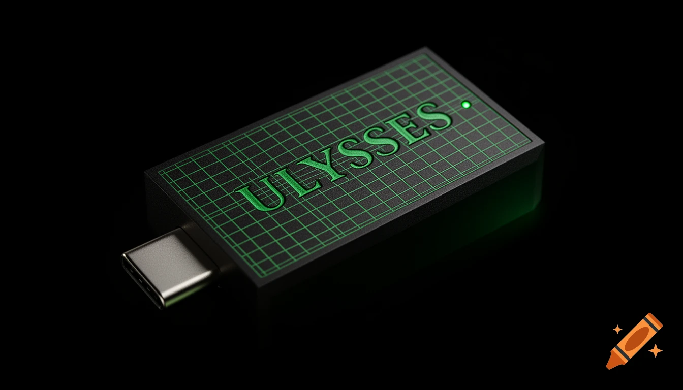 A close-up of a matte black USB-C solid state drive, engraved with a green grid and "ULYSSES" text, glowing green against a dark background.
