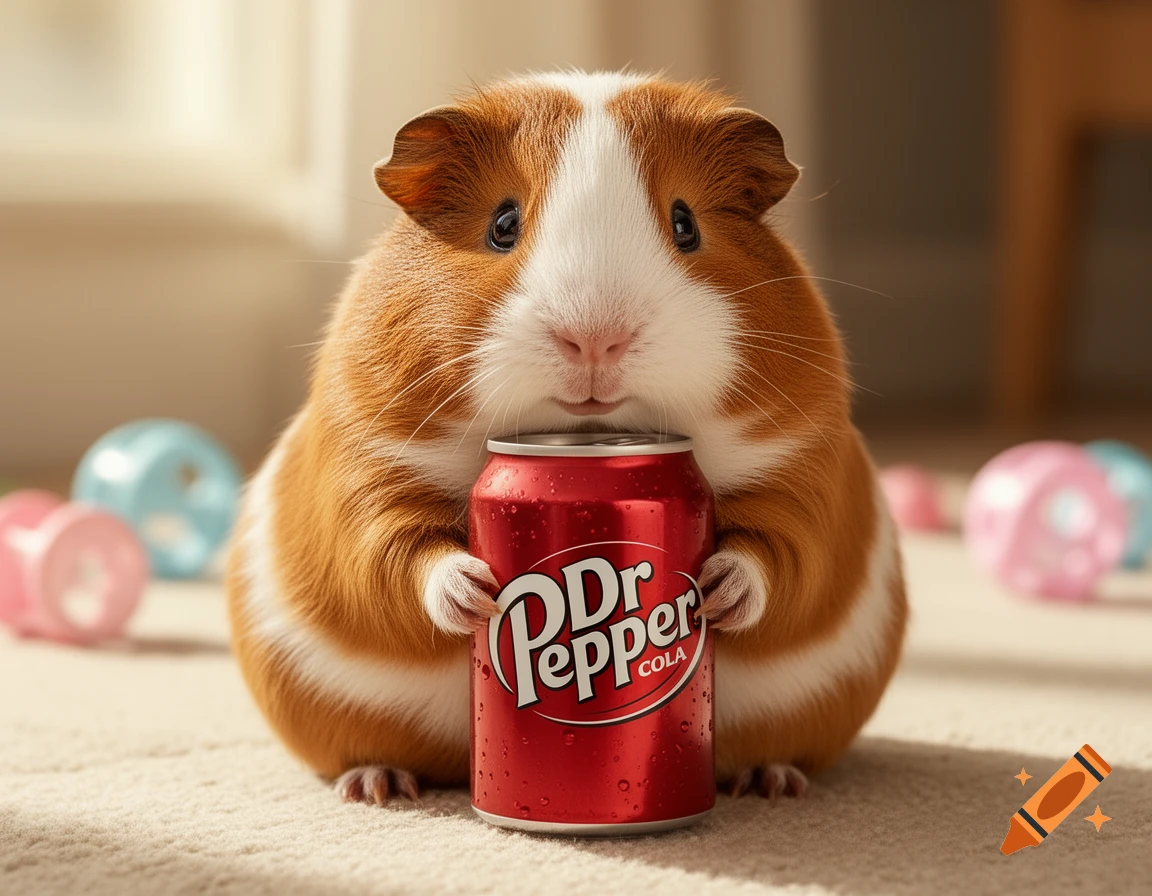 A fluffy, photorealistic guinea pig with brown and white fur sits on a rug, holding a red Dr Pepper Cola can.