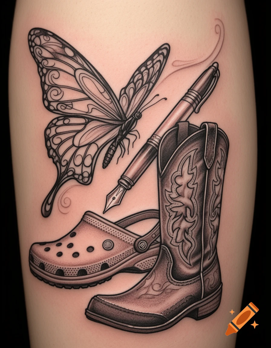 Black and white tattoo design featuring a butterfly, a fountain pen, a Croc shoe, and a cowboy boot on light skin.