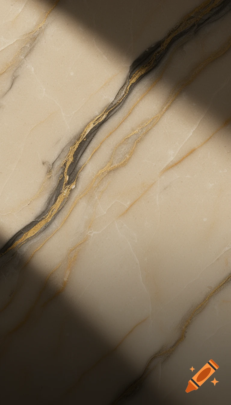 Extreme close-up of creamy beige marble with flowing golden and charcoal veins, soft natural lighting and gentle shadows.