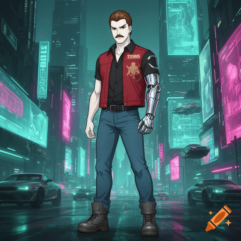 Anime man with a robotic arm, mustache, red 'TITANS' vest, and blue jeans, standing in a neon-lit cyberpunk city street.