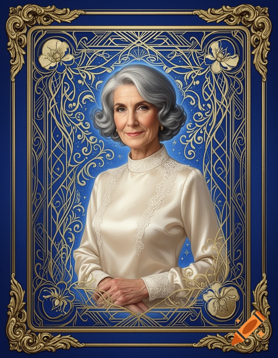 Portrait of an older woman with gray hair in a cream blouse, framed by intricate blue and gold art nouveau patterns, styled like a playing card.