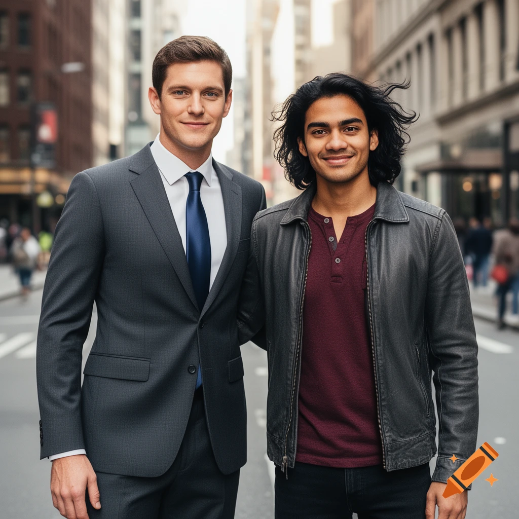 Two smiling men, one in a suit and one in a leather jacket, stand on a city street.