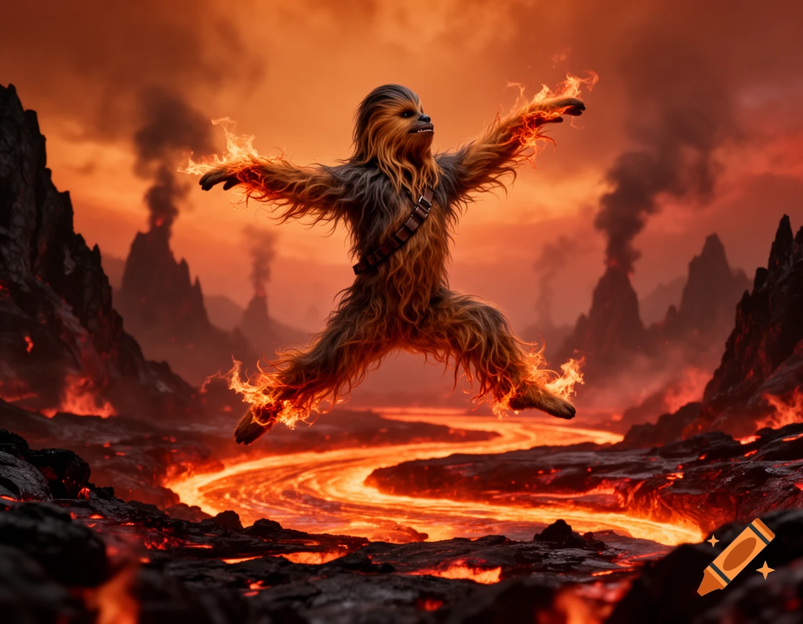 A Wookie-like creature engulfed in flames leaps over rivers of lava in a volcanic hellscape under an orange sky.