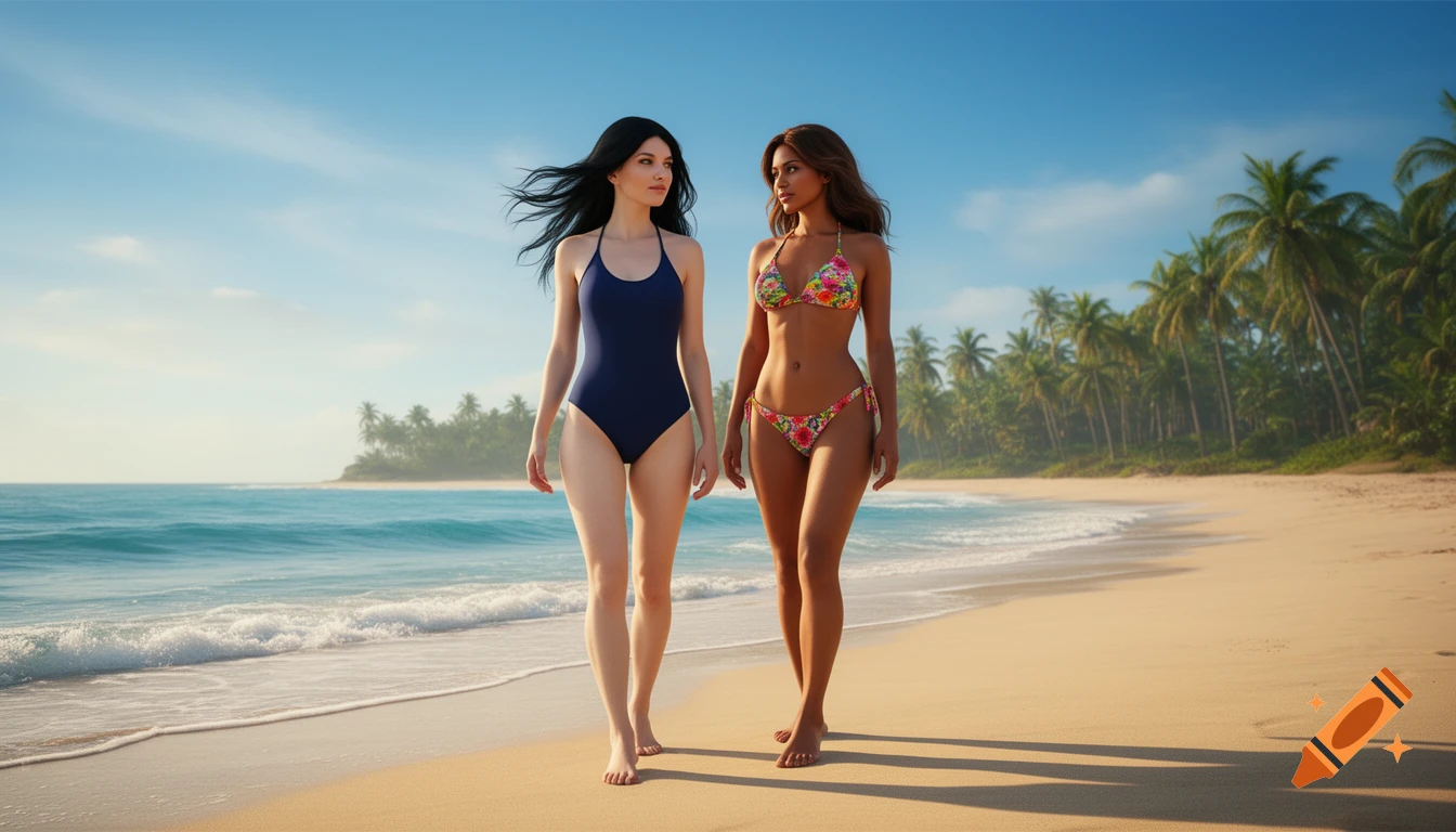 Two women in swimsuits walk along a sunny tropical beach with blue ocean and palm trees under a clear sky.