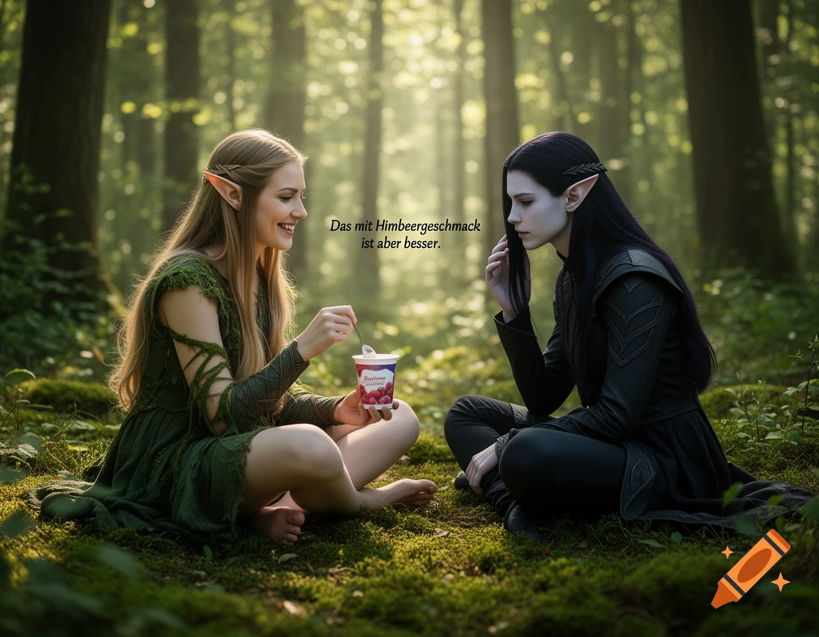 Two female elves, one blonde and one dark-haired, sit on moss in a sunlit forest, eating yogurt from cups. The blonde elf smiles while speaking.