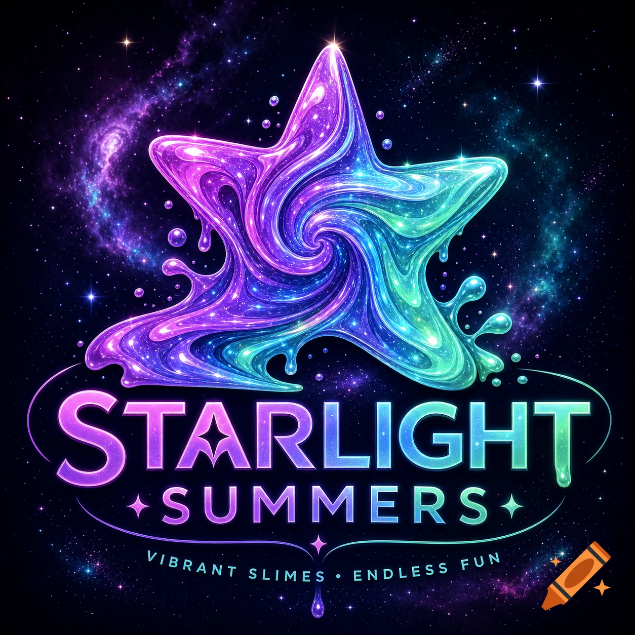 A vibrant, glossy logo featuring a swirling, iridescent slime star against a galaxy background with "STARLIGHT SUMMERS" text.