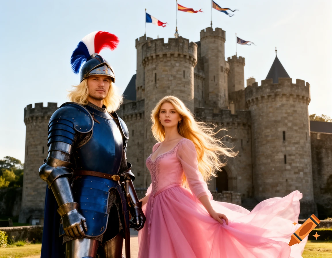 A blonde knight in blue armor and a blonde princess in a pink dress stand before a stone castle under a bright sky.