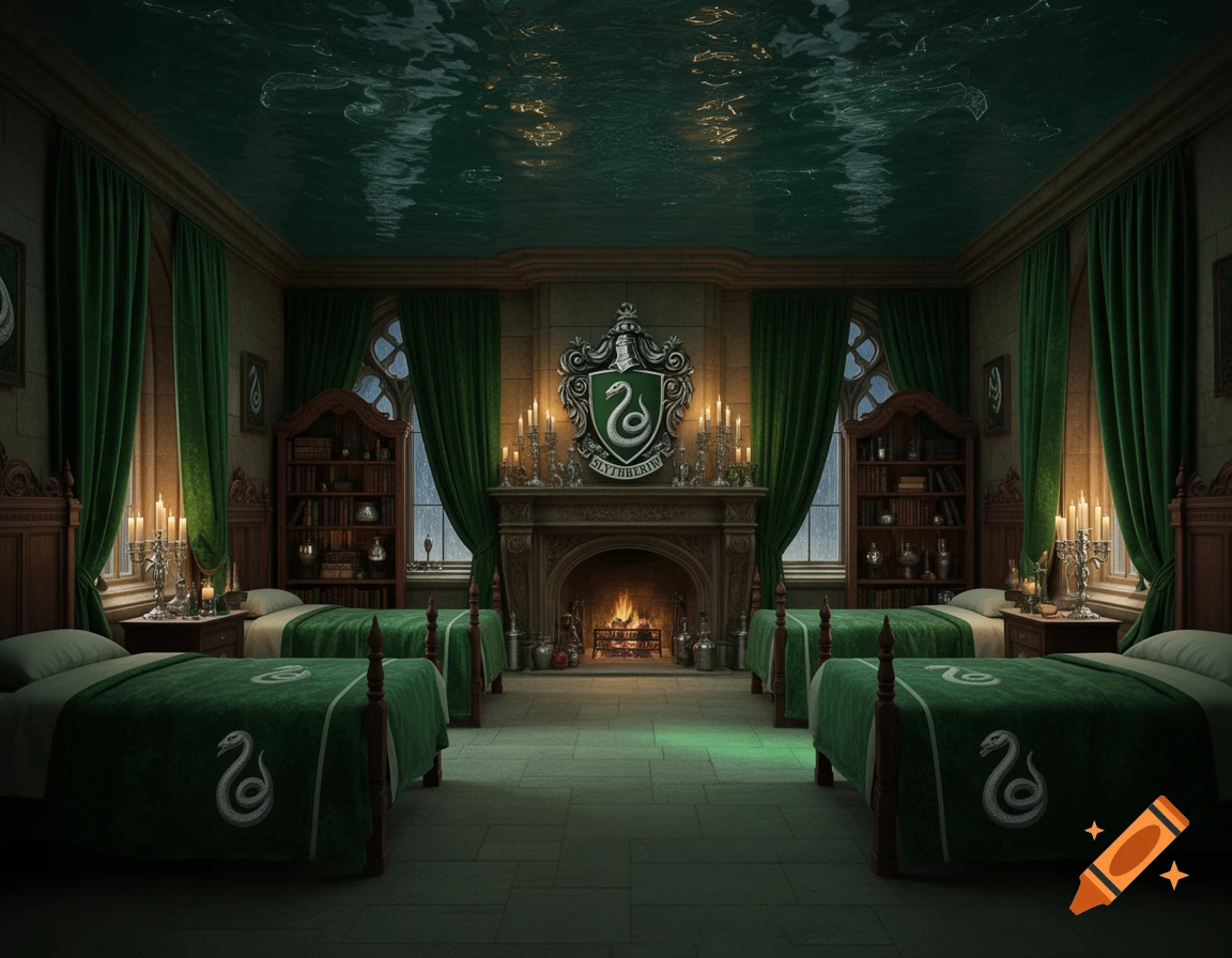 A dark, green-themed Slytherin dormitory with several beds, a fireplace, and an eerie underwater-effect ceiling.