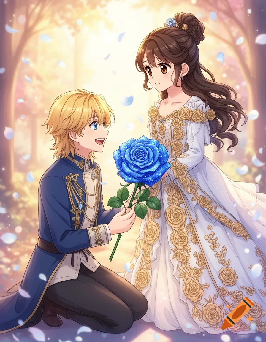 Anime prince kneels, offering a sparkling blue rose to a princess in an enchanted garden.