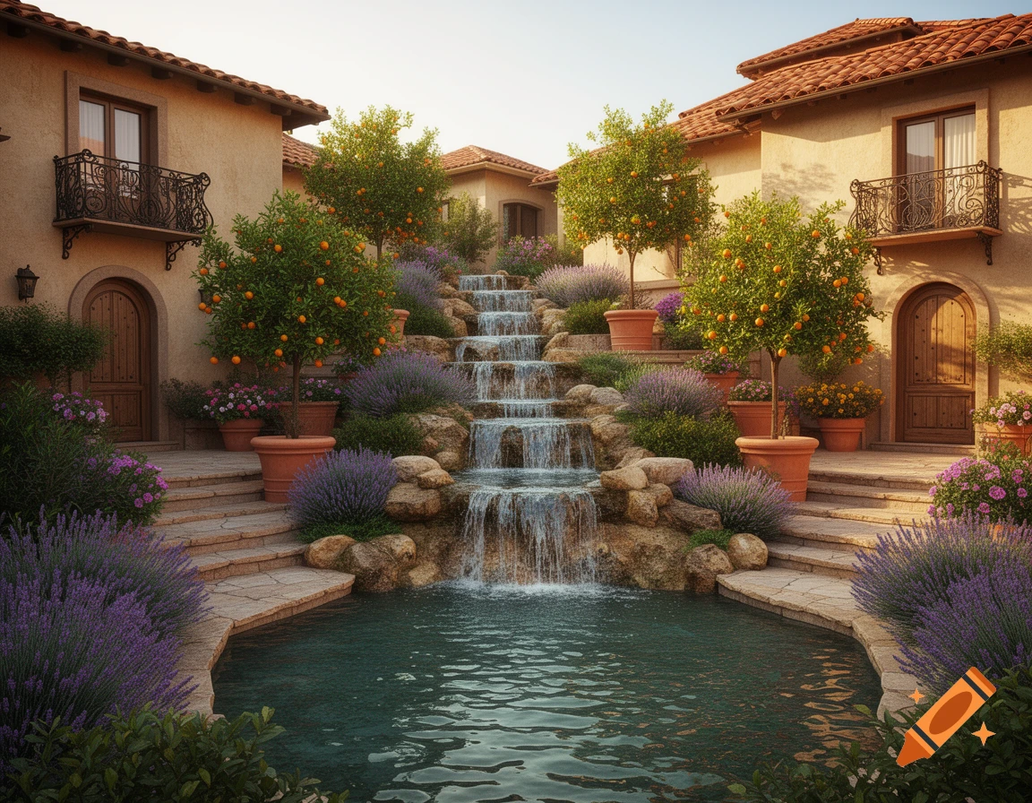Photorealistic Mediterranean courtyard with a tiered waterfall flowing into a pond, surrounded by stucco houses, potted orange trees, and purple lavender.