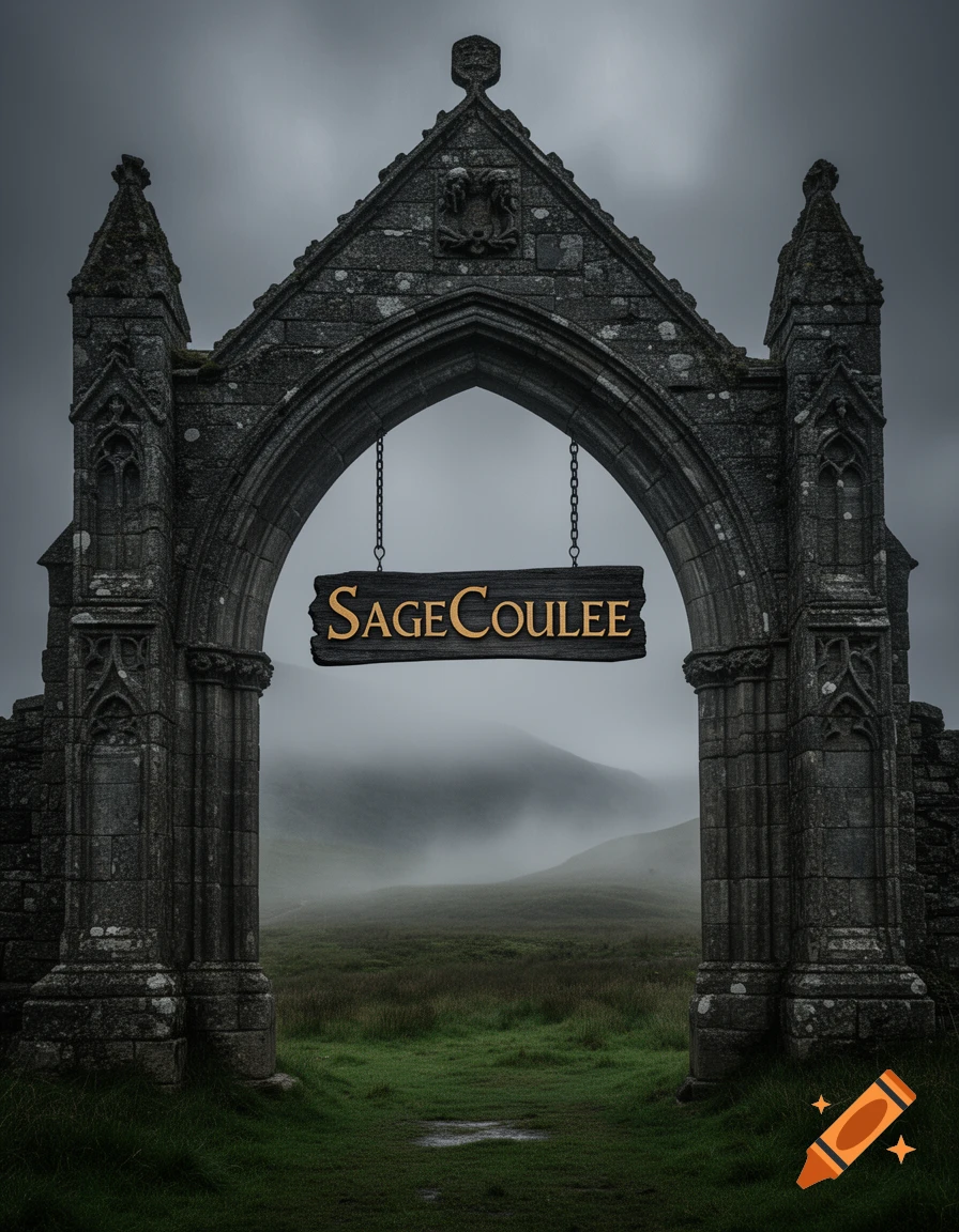 A grim, dark fantasy image of a medieval gothic stone archway in a misty Scottish highland landscape, with a sign reading 'SageCoulee'.