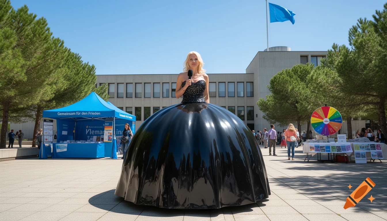 A photorealistic image of a blonde reporter in a huge black ball gown, holding a microphone at an outdoor event with a blue tent and prize wheel.