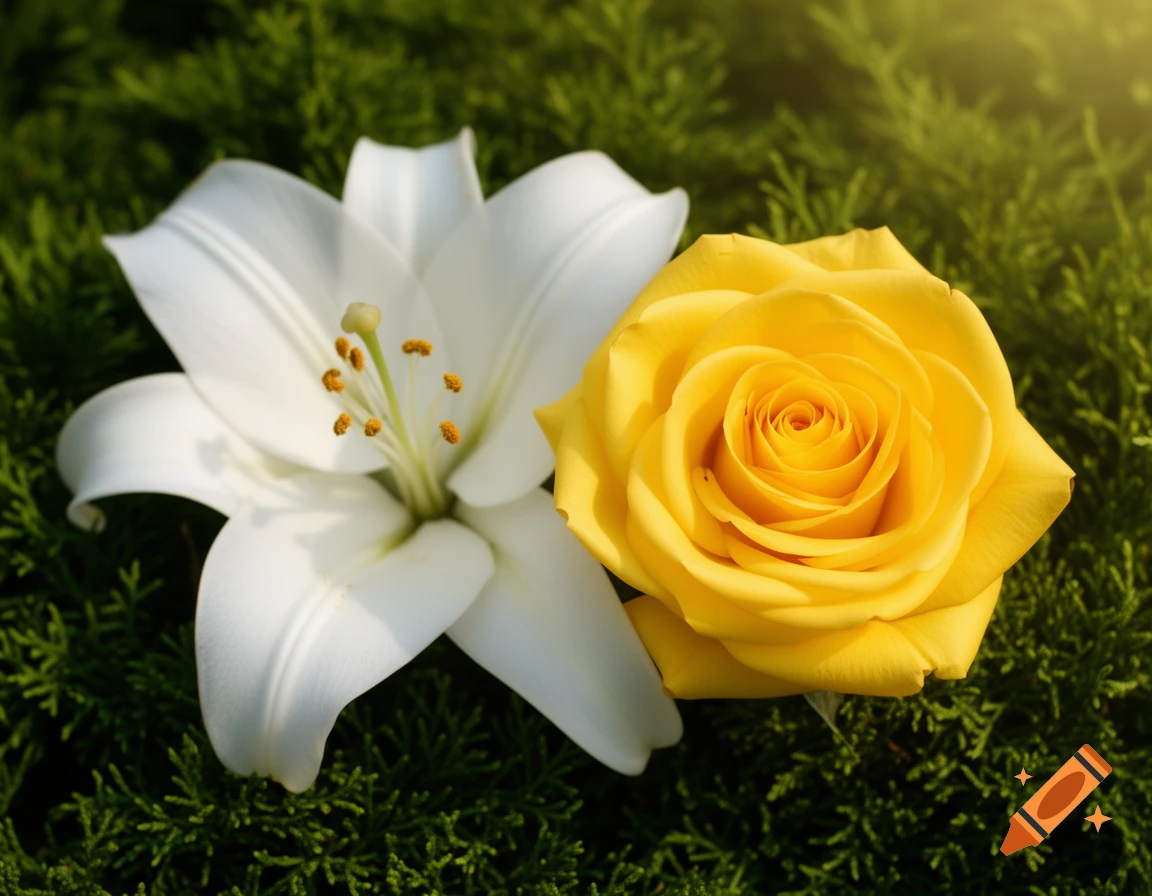 A white lily and a yellow rose lie on a bed of dark green foliage, illuminated by soft sunlight.