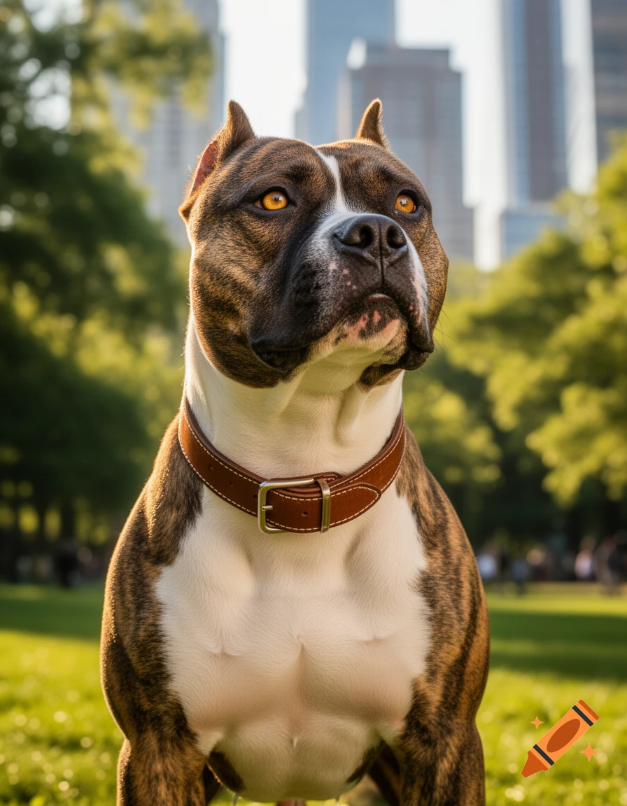 A brindle and white dog with amber eyes and a leather collar sits in a sunny park with blurred city buildings in the background, photorealistic.