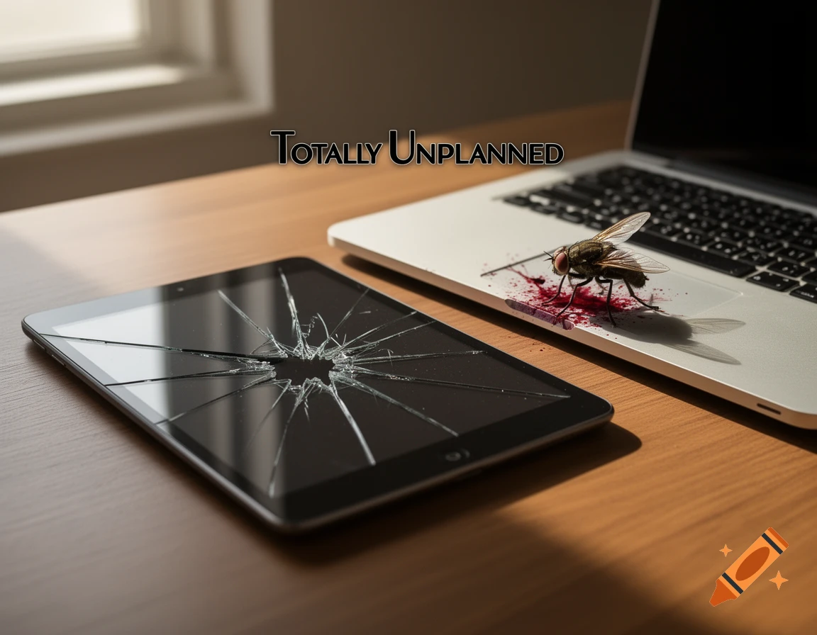 A broken iPad with a cracked screen lies on a wooden table next to an open laptop with a dead fly and red liquid on its keyboard, with the text "Totally Unplanned" overlayed.