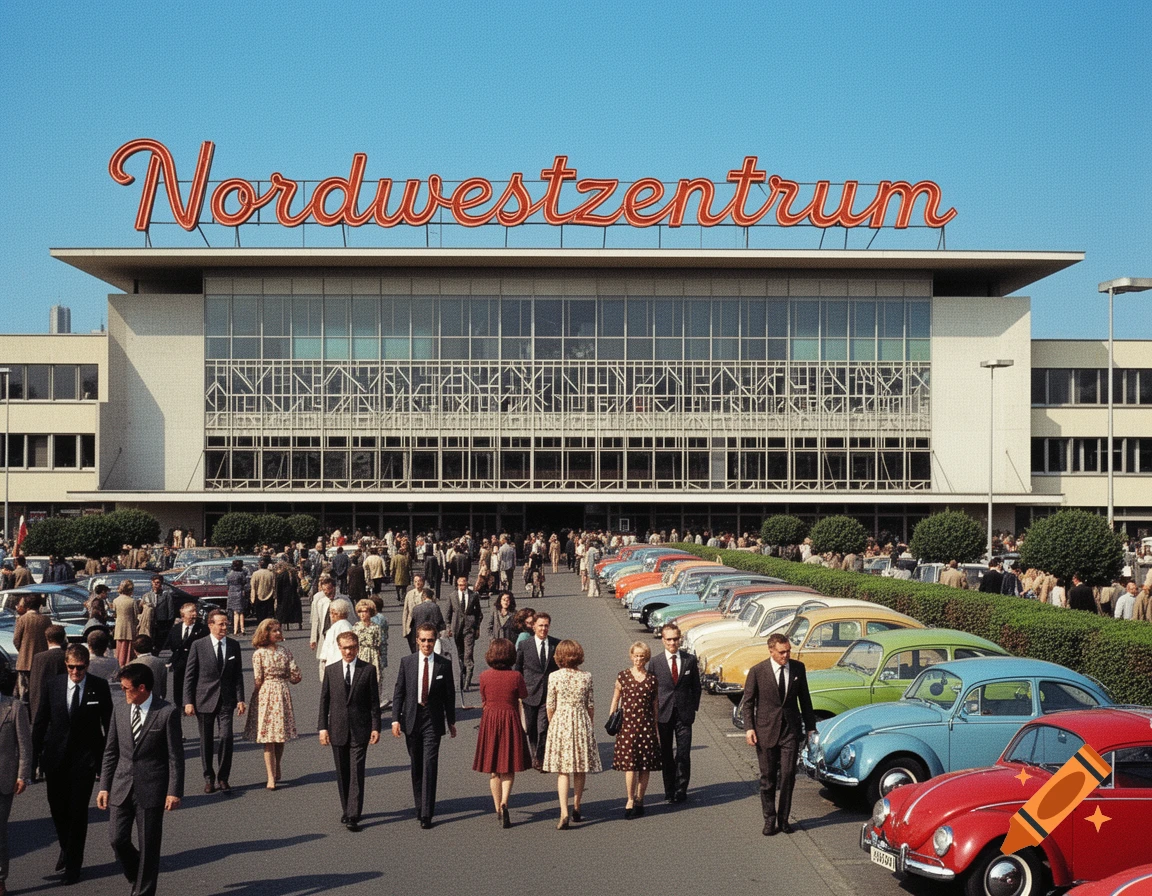 A busy street scene outside a large modern building with a prominent 'Nordwestzentrum' sign. People walk around a parking lot filled with colorful vintage cars under a clear blue sky.
