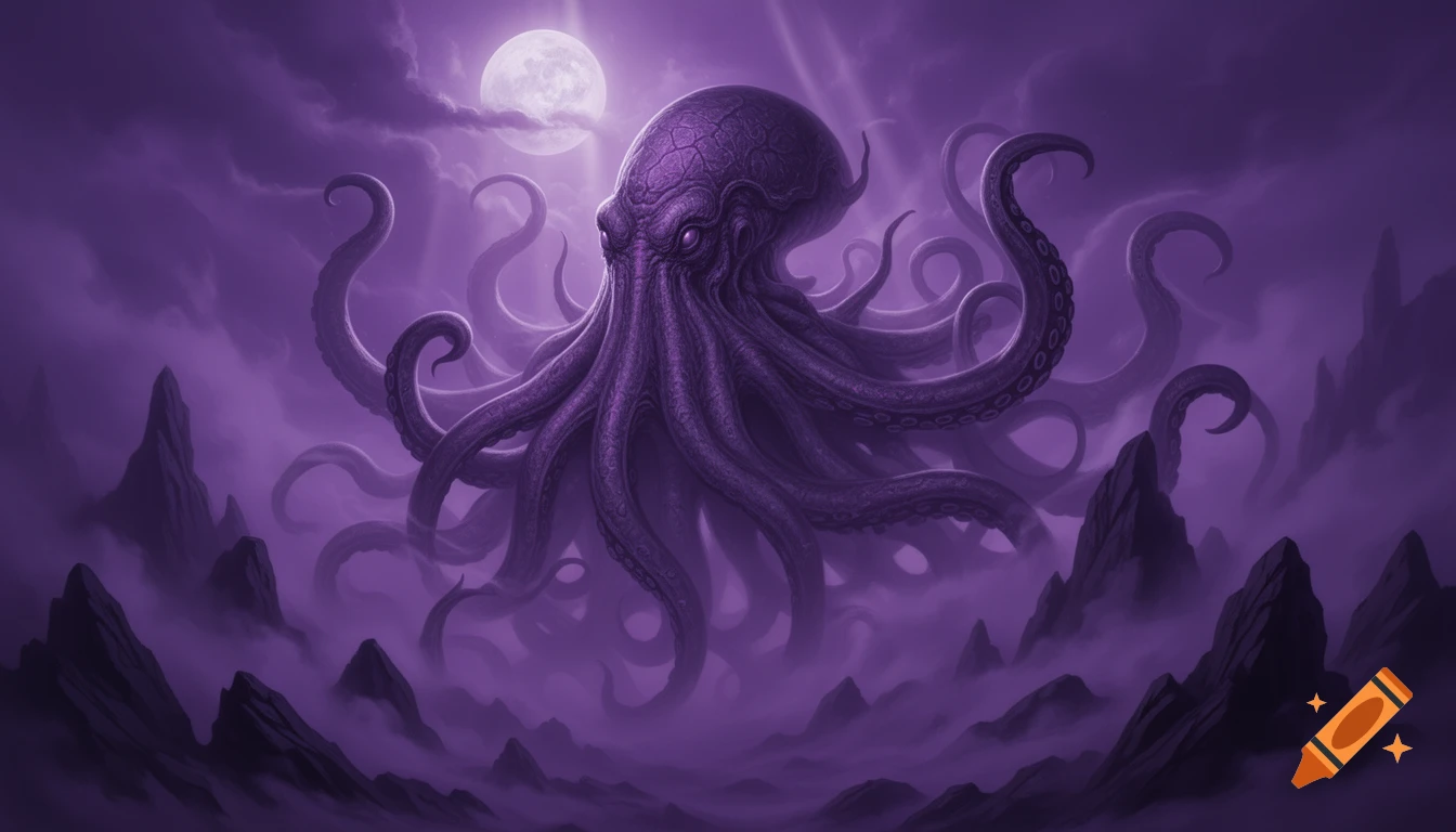Eerie dark fantasy illustration of a giant purple octopus-like creature (Cthulhu) rising from fog amidst dark mountains under a full moon.