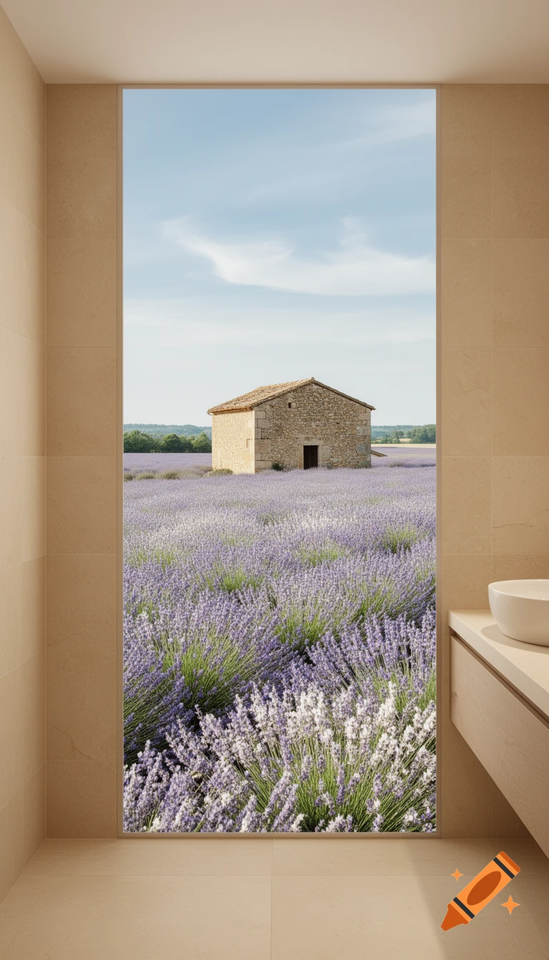 Lavender field with a stone house, viewed through a tall window in a modern, light-tiled bathroom.
