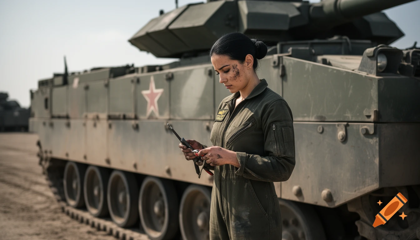 A woman in a military jumpsuit with a dirty face and hands inspects a tool in front of a tank on a dirt field.