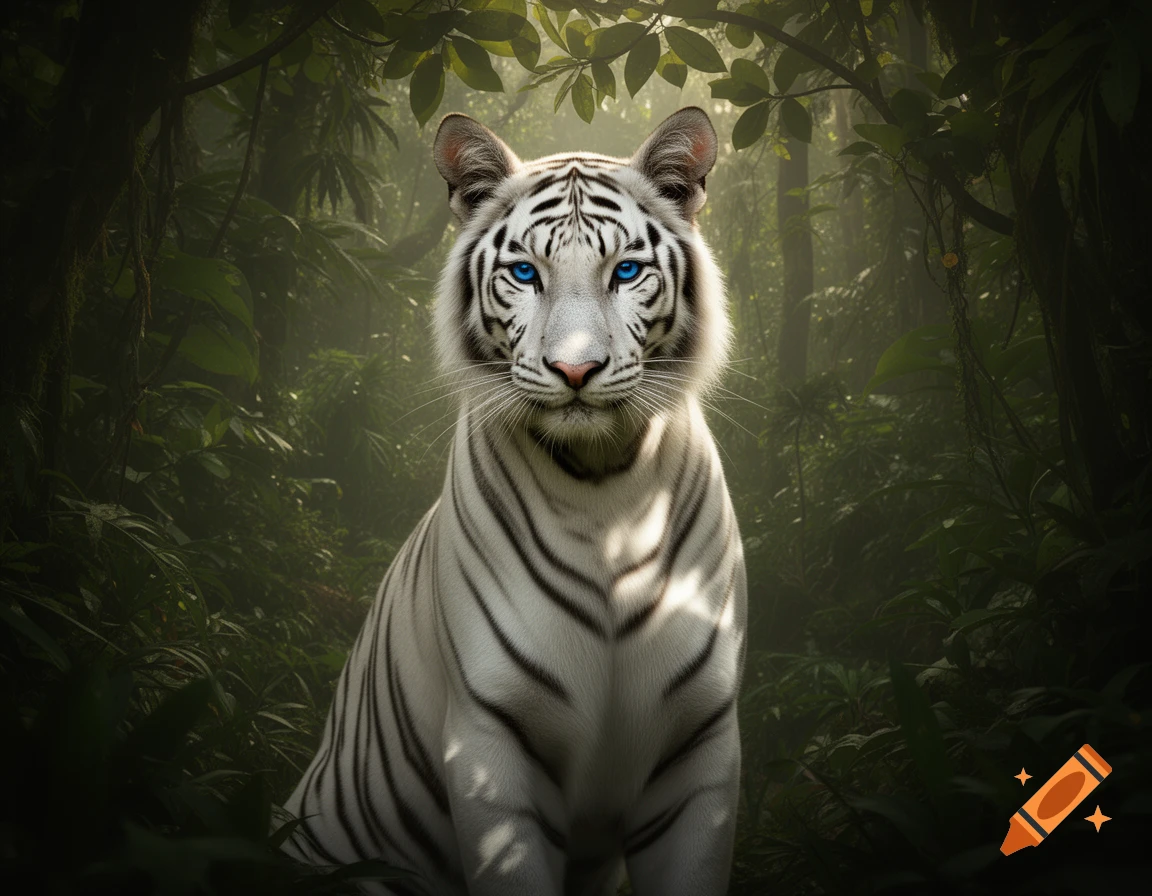 A photorealistic white tiger with bright blue eyes sits in a dark, misty jungle with lush green foliage.