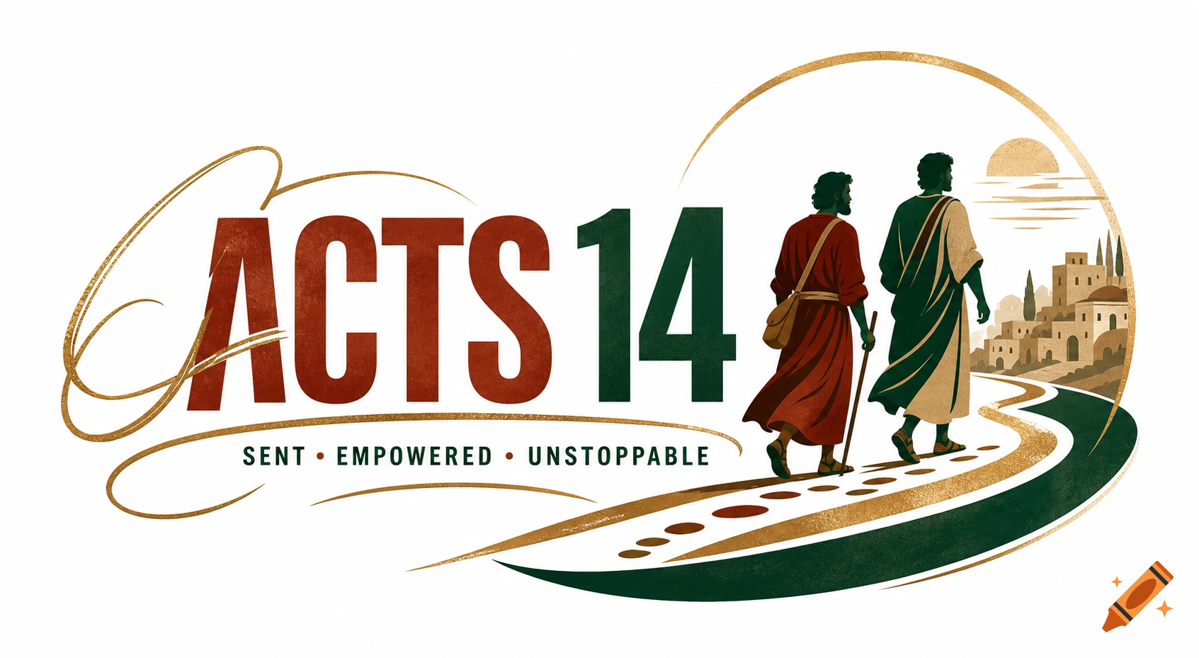 A logo with two robed figures walking towards a village and sunset. Large text reads 'ACTS 14' and 'SENT EMPOWERED UNSTOPPABLE'.